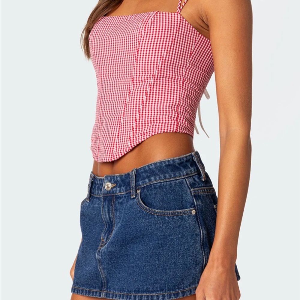 Edikted Puppa Gingham Red & White Lace-Up Back Corset Top - Size Small